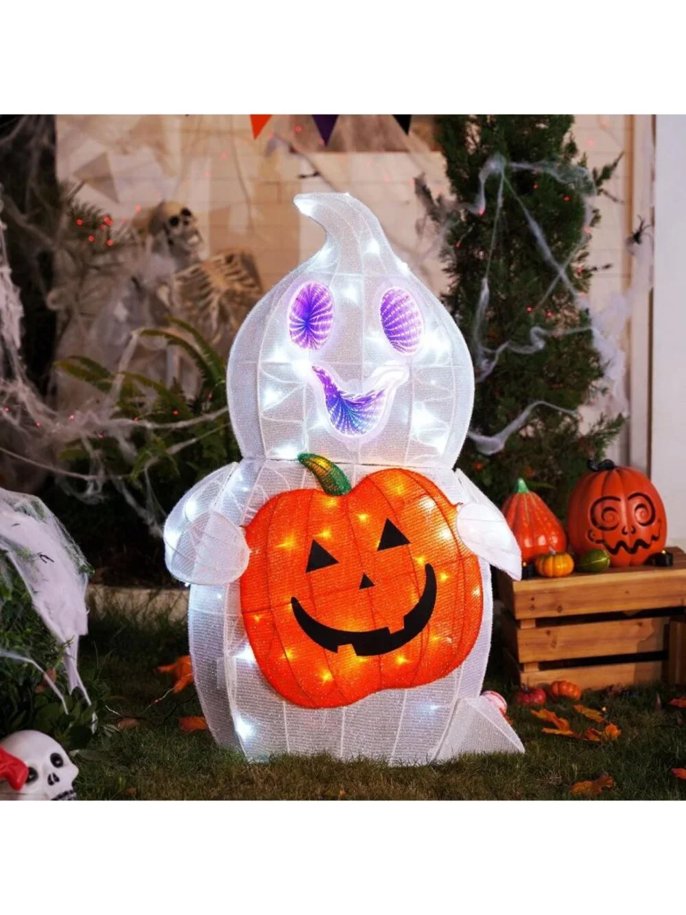 38-Inch Pre-Lit Halloween Ghost Decor - Light-Up Pumpkin Holder for Outdoor Fun